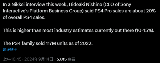 PS4销量中的Pro版占整体20%！累计售出2340万台。